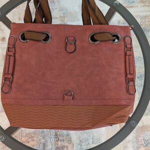 Brown Structured Tote with Metallic Accents